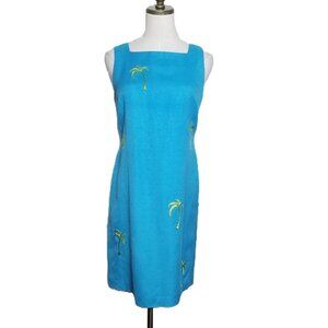 Talbots Linen Blend Sleeveless Dress Size P4 Blue Embroidered Palm Trees Beachy